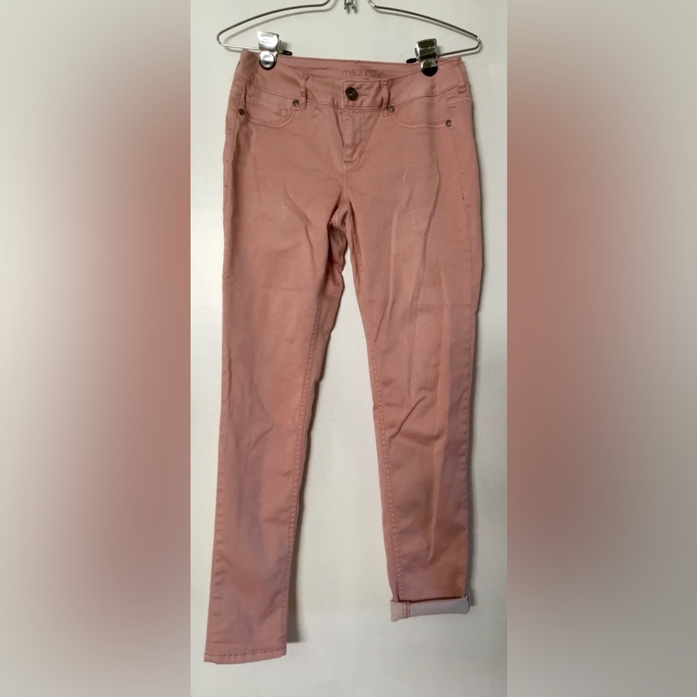 Pink pants, stretch denim.